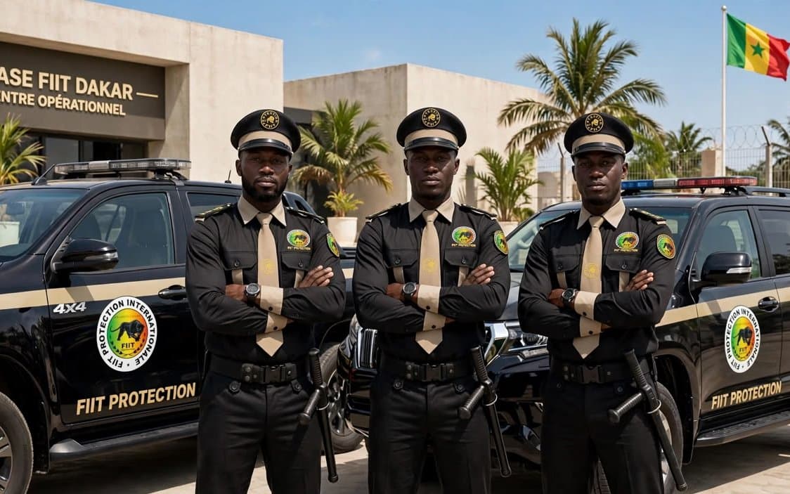 Trois agents FIIT devant les 4x4 de patrouille du centre opérationnel de Dakar