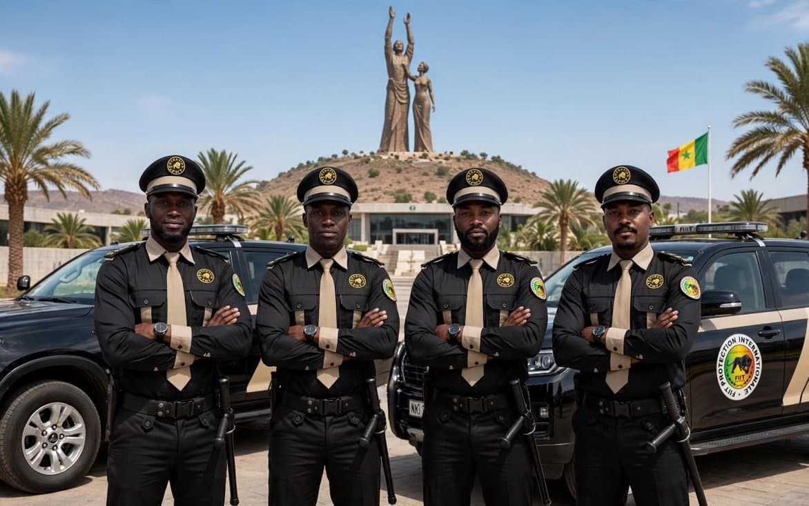 Équipe FIIT et véhicules d'intervention devant le Monument de la Renaissance africaine à Dakar