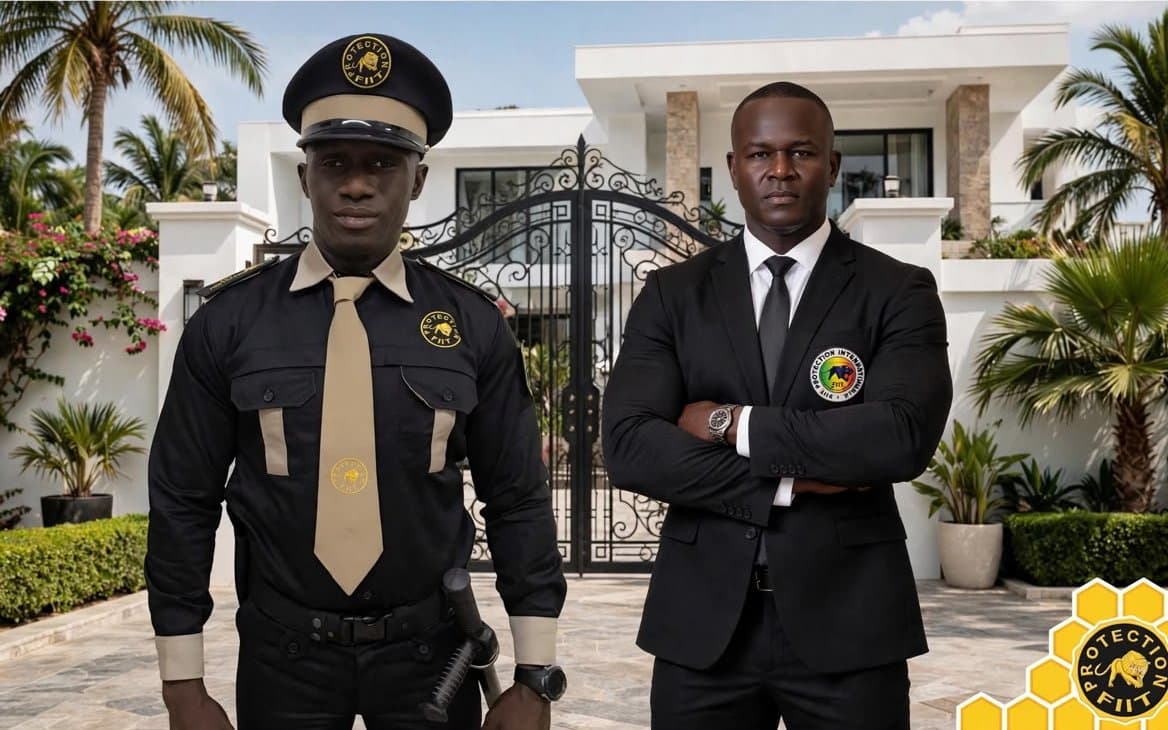 Agent FIIT en uniforme et officier de protection rapprochée en costume devant une villa à Dakar