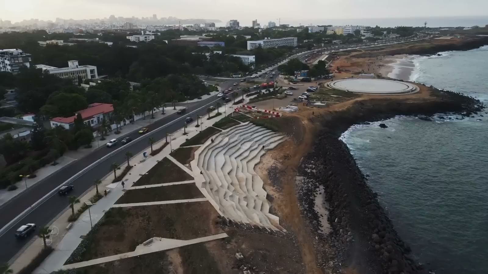 Aerial view of the Dakar corniche at dusk